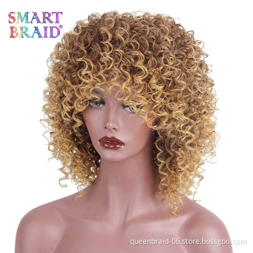 Ombre Blonde Short Afro Curly Wig With Bangs Kinky Fluffy Synthetic Wigs Shoulder Length For Black Women